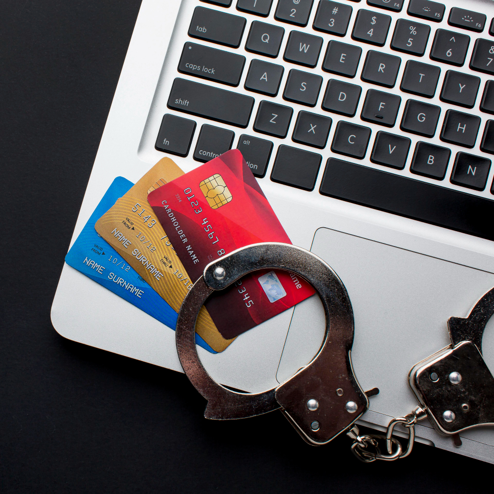 laptop with credit cards and handcuffs Freepik